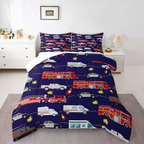 Feelyou Fire Truck Bedding Bed Set Police Car Comforter Set for Kids Boys Girls Teens Youth Decor Engine Ambulance Cute Comforter Emergency Vehicle Blue Soft Quilt Set Room 2Pcs Twin Size
