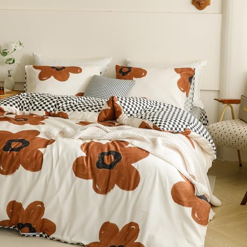 Wellboo Boho Floral Comforter Sets California King Pumpkin Sunflower Bedding Set Cal King White and Pumpkin Botanical Bed Brown Floral Quilts Large Flower Plant Blankets Watercolor Flower Bohemian Bed