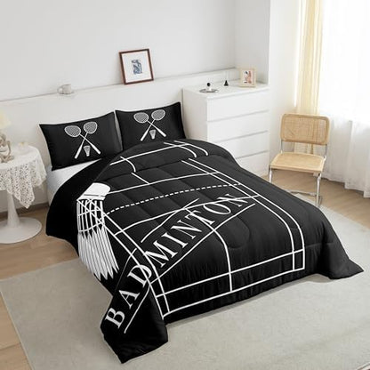 Erosebridal Kids Badminton Bedding Set Twin White Badminton Print Comforter Set for Kids Boys Girls, Black Duvet Insert Sport Quilt Comforter, Badminton Court Quilted Comforter (Reversible Black)