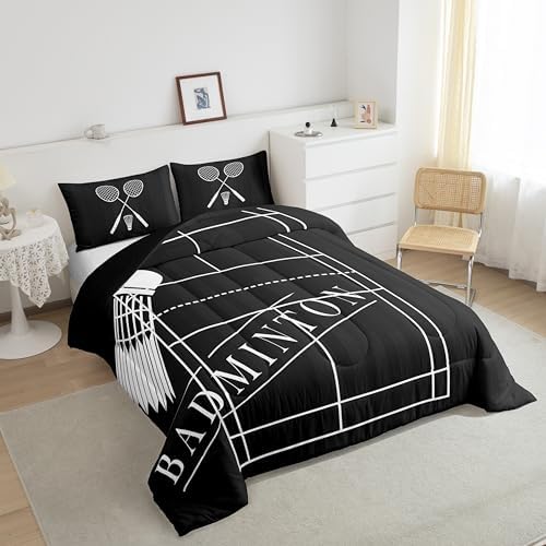 Erosebridal Kids Badminton Bedding King White Badminton Print Comforter Set for Kids Boys Girls, Black Duvet Insert Sport Down Comforter, Badminton Court Bedding Comforter Sets (Reversible Black)