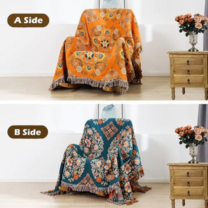 VANJOROY 100% Cotton Throw Blanket, Muslin Breathable Soft Bed Quilt Orange Throw - Bohemian Floral Farmhouse Decor Blanket for Sofa Couch Chair and Gift. 50" x 60"