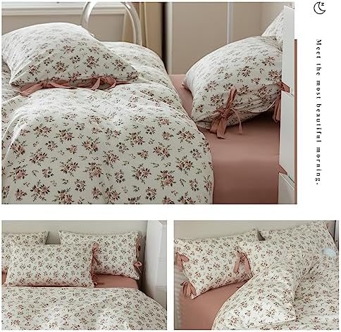 Vintage Garden Floral White Comforter Set Full Pink Flower Green Leaves Bedding Comforter Fluffy Pink Floral Cottagecore Bedding Set with 2 Bow Ties Pillowcases Botanical Comforter Set for All Season