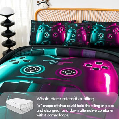 PERFEMET 6 Pcs Boy Gamer Full Bed in a Bag Purple and Teal Gaming Comforter