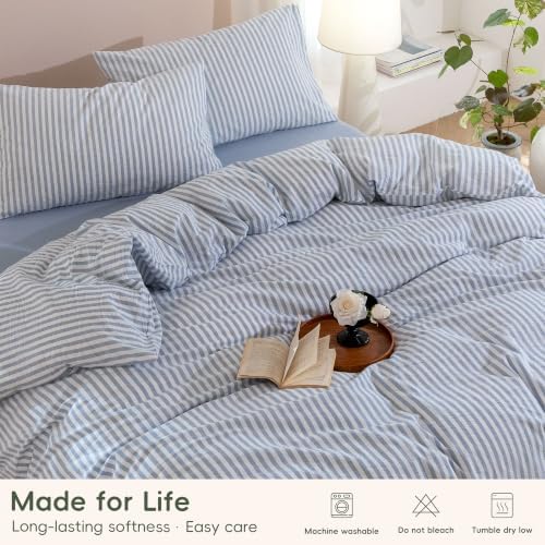 JIYUAN Full Washed Cotton Duvet Cover Set, 3-Piece, Linen-Like Stripe
