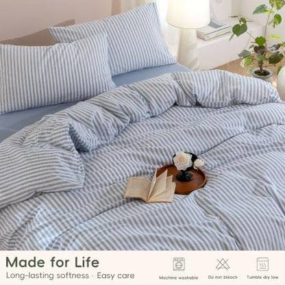 JIYUAN King Washed Cotton Duvet Cover Set, 3-Piece, Linen-Like Stripe