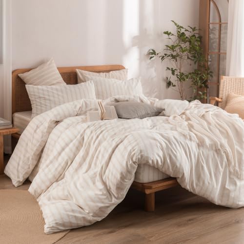 BESTOUCH Striped Cotton Duvet Cover Set Linen Feel California King