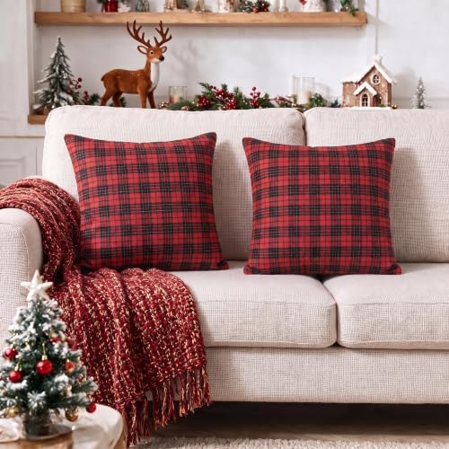 AVOIN colorlife Christmas Red Black Plaid Decorative Throw Pillow Covers, 18 x 18 Inch Holiday Scottish Tartan Cushion Case Farmhouse Decoration for Sofa Couch Set of 2