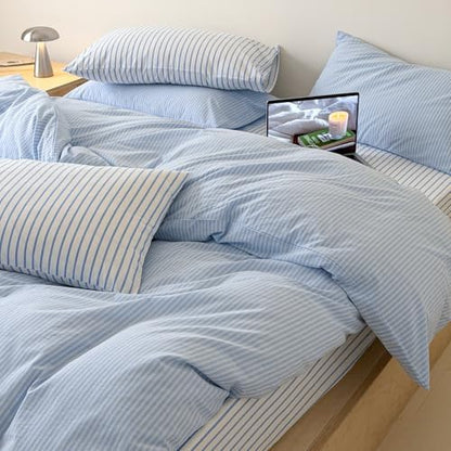 Mucalis Blue Striped Duvet Cover Set Queen Pinstripe Duvet Cover 100% Washed Cotton White Stripes Patterned 3 Piece Vintage Striped Bedding Set with Zipper Closure Corner Ties,Soft Breathable