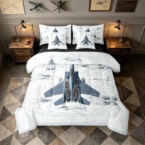 Erosebridal 7 Pcs Fighter Aircraft Full Comforter Set for Kids Boys Military Jet Bedding Set with Sheets Hand Drawn Grid Aircraft Bed in A Bag Modern Flying Airplane Bed Sets for Plane Lovers