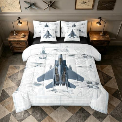 Erosebridal 7 Pcs Fighter Aircraft Full Comforter Set for Kids Boys Military Jet Bedding Set with Sheets Hand Drawn Grid Aircraft Bed in A Bag Modern Flying Airplane Bed Sets for Plane Lovers