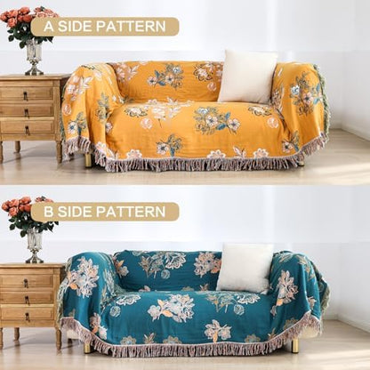 VANJOROY Boho Throw Blanket, 100% Organic Cotton Breathable Skin-Friendly Ultra Soft 50" x 60" Bed Yellow Throw - Floral Rustic Decor Luxury Reversible Blanket for Sofa Couch Chair and Gift,