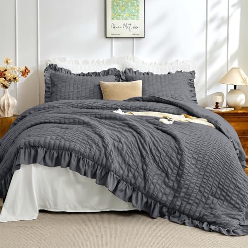 JOLLYVOGUE Dark Grey King Comforter Set,3pcs Seersucker Comforters King