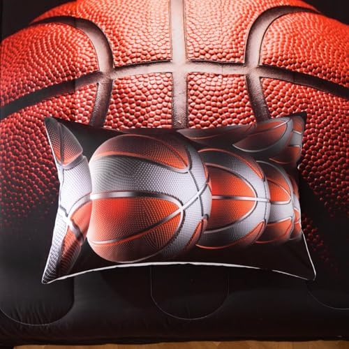 Teens Boys Sports Comforter Set Full,Basketball Bedding Set for Kids,Sports Orange Basketball Comforter Sets,Black Teenage Boy Bedroom Bed Set 3 Pieces with Pillowcases
