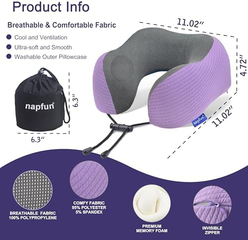 napfun Neck Pillow for Travel, Memory Foam Airplane Pillow, Light Purple