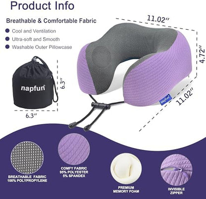 napfun Neck Pillow for Travel, Memory Foam Airplane Pillow, Light Purple