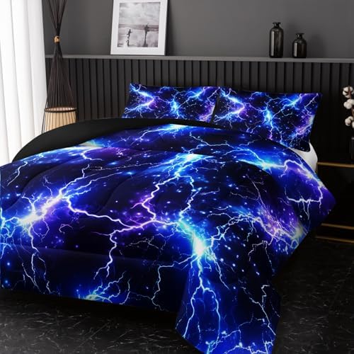 Nttopship Blue Lightning Comforter Set Queen Size Bed in A Bag,Lightning Bedding Set for Teen Adult Blue Room Decor Ultra-Soft Lightweight Microfiber with 2 Pillowcases