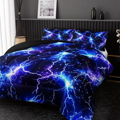 Nttopship Blue Lightning Comforter Set Twin Size Bed in A Bag,Lightning Bedding Set for Teen Adult Blue Room Decor Ultra-Soft Lightweight Microfiber with 2 Pillowcases