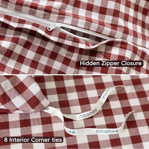 MooMee Gingham Duvet Cover Set 100% Washed Cotton Linen Like