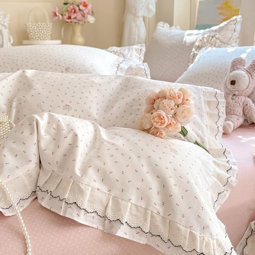 100% Cotton Cherry Print Duvet Cover Set Full, Aesthetic Cherry Elephant Pattern Comforter Cover with Ruffle Lace, Lightweight Soft Princess Lace Bedding Cottagecore Duvet Cover with 2 Pillowcases