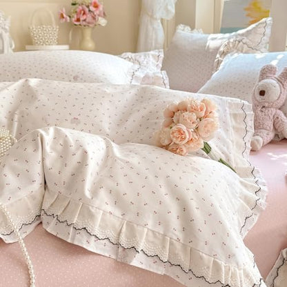 100% Cotton Cherry Print Duvet Cover Set Full, Aesthetic Cherry Elephant Pattern Comforter Cover with Ruffle Lace, Lightweight Soft Princess Lace Bedding Cottagecore Duvet Cover with 2 Pillowcases