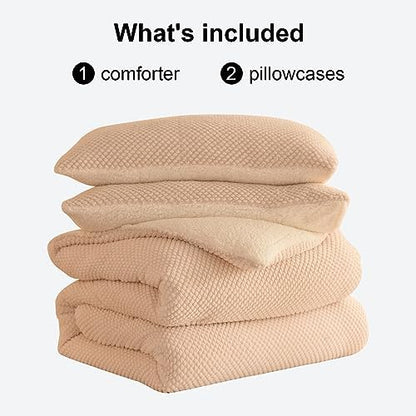 LLanCL 3D Jacquard Design Comforter Set, Ultra-Soft Warm King Size Sherpa Fur Plush 3-Pieces Sets Luxury Cozy Bedding with 2 Pillowcases (104"x90", Cream White)