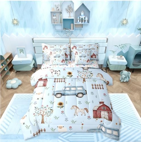 Erosebridal Farm Animal 7 Piece Comforter Set Twin Cartoon Tractor Kids Bed in A Bag for Boys Girls Rustic Barn Door Bedding Farmhouse Horse Sheep Cow Cartoon Animals Sunflower Floral Sheet Set,Blue