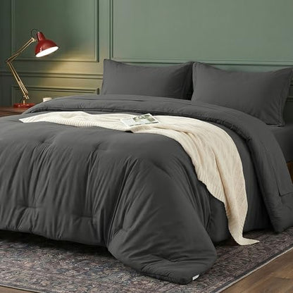 King Comforter Set 7 Piece with Lightweight Comforter, Dark Gray