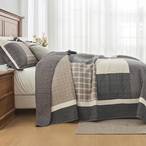 Finlonte 100% Cotton King Quilt Set, Farmhouse Plaid Queen Quilted Bedspread, Brown Beige Black Lightweight Comforter Bedding Set for All Season, 3-Piece