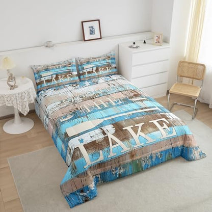 Manfei Lake Camper Comforter Set Full Size, Rustic Farmhouse Style Quilt Set with 2 Pillowcases, Blue Wooden Stripe Print Bedding Set 3pcs for Kids Boys Teens Bedroom Decor, Plank Duvet Set