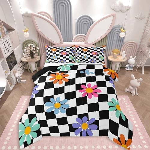 jejeloiu Cute Floral Bedding Set Soft for Boys Girls, Black White Checkerboard Comforter Set King Size Colorful Daisy Duvet Quilt Microfiber Plaid Grid Bedroom Decor 3 Pcs with 2 Pillow Cases