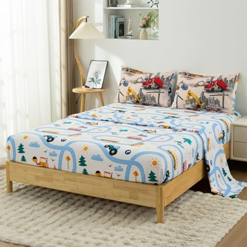Holawakaka Boy Truck Excavator Twin Comforter Set with Sheets 5 Pieces