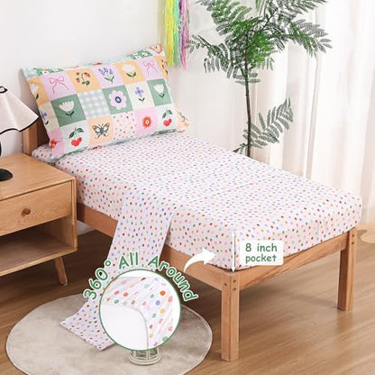 Mooreeke Toddler Bedding Sets for Girls,4 Pieces Floral Butterfly Printed