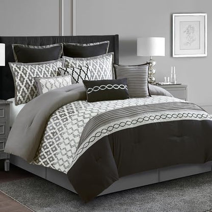 LANCO MODERN LIFESTYLE King Size Comforter Set, Black, 10 Piece Bed in a Bag for All Seasons, Luxury Extreme Comfort Bedding Sets with Bedskirt, Pillow Shams, Euro Shams and Decor Pillows