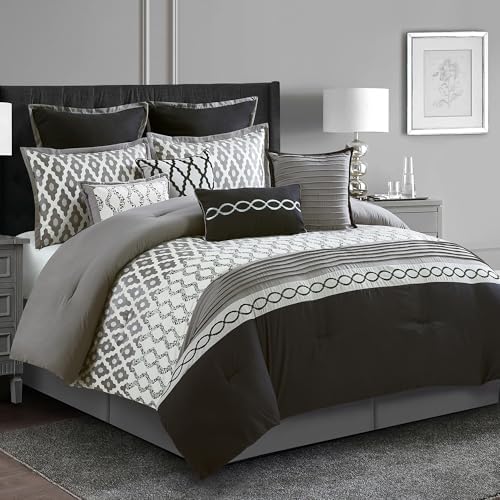 LANCO MODERN LIFESTYLE California King Comforter Set, Black, 10 Piece Bed in a Bag for All Seasons, Luxury Extreme Comfort Bedding Sets with Bedskirt, Pillow Shams, Euro Shams and Decor Pillows