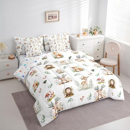 Erosebridal Woodland Animal 7 Piece Kids Comforter Set Kawaii Deer Hedgehog Squirrel Queen Bedding Set for Boys Girls Child Cartoon Animals Sheet Set Cute Mushroom Pine Cones Leaves Botanical Quilt