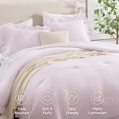 Andency Grey Pink Striped Twin Ruffle Comforter Set, 3 Pieces