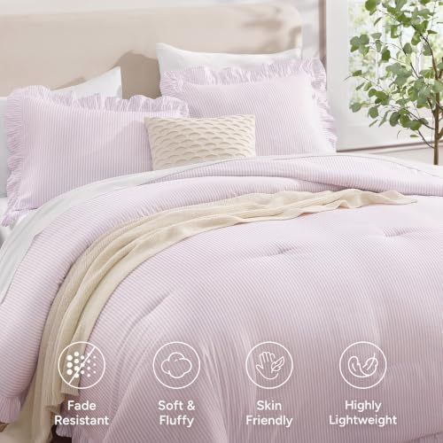 Andency Grey Pink Striped Queen Ruffle Comforter Set, 3 Pieces