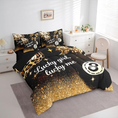 Erosebridal Brown Leopard Bow 7 Piece Bedding Set Twin Size,Y2K Lucky 8 Ball Comforter Set Fashion Cheetah Print Bowknot Bed in A Bag with Sheets Preppy Room Decor,Black Gold Trendy Luxurious Bed Set