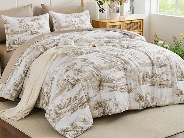 WONGS BEDDING Brown Comforter Set Queen Size, 7 Pieces Botanical Comforters with Sheets, Soft Microfiber Farmhouse Floral Complete Bedding Sets for All Season