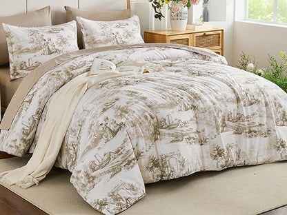 WONGS BEDDING Brown Comforter Set Queen Size, 7 Pieces Botanical Comforters with Sheets, Soft Microfiber Farmhouse Floral Complete Bedding Sets for All Season