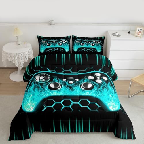Erosebridal Honeycomb Gaming Boys Comforter Set Teal Neon Lights Game Consoles Toddler Bedding Sets for Boys Ombre Art Geometry Hexagon Beehive Duvet Set Gamer Room Decor for Boys