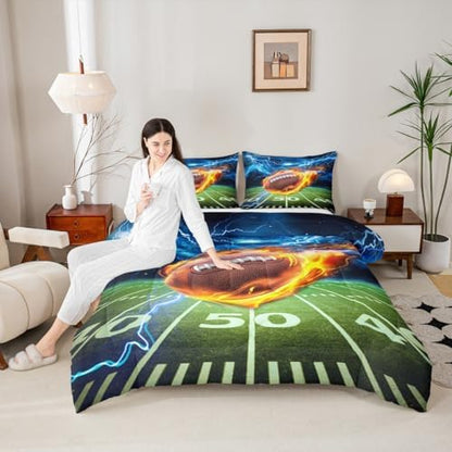 American Football Comforter Set - Twin Size Lightning & Flame 3D Football Field Quilt Set - 2pcs Kids Boys Fashion Bedding Set - Teens Room Decor Sports Games Duvet Insert, 1 Pillowcase