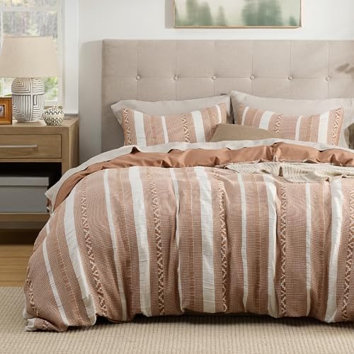 Bedsure PureWoven Boho Striped 100% Cotton Waffle Duvet Cover Set, Queen