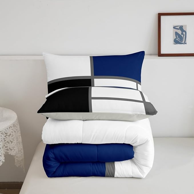 Erosebridal Geometric Abstract Toddler Comforter Blue and White Striped Bedding Set Square Grid Duvet Insert Modern Art Patchwork Bed Sets for Minimalist