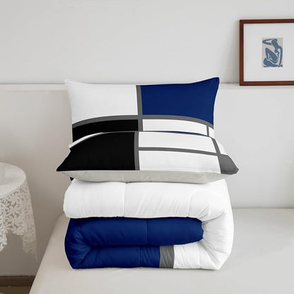 Erosebridal Geometric Abstract Toddler Comforter Blue and White Striped Bedding Set Square Grid Duvet Insert Modern Art Patchwork Bed Sets for Minimalist