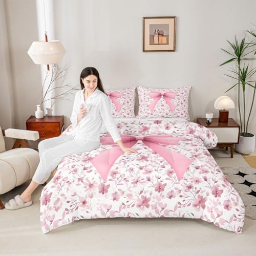 jejeloiu Girls Pink Bow Comforter Set Queen Size Bow Bedding Set for Kids Boys Girls Cute Bowknot Duvet Quilt Bedroom Decor Microfiber 3 Pcs with 2 Pillow Cases
