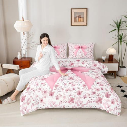jejeloiu Girls Pink Bow Comforter Set Queen Size Bow Bedding Set for Kids Boys Girls Cute Bowknot Duvet Quilt Bedroom Decor Microfiber 3 Pcs with 2 Pillow Cases