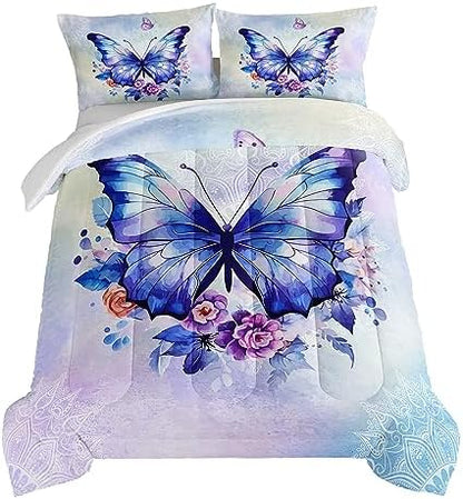 HOSIMA Floral Purple Butterfly Comforter-Soft Microfiber,Fantasy Butterfly Aesthetics Twin Bed in a Bag for Kids Girls Teens Women,Mandala Preppy Bedding 3Piece with 2 Pillow Shams.