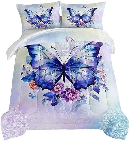 HOSIMA Floral Purple Butterfly Comforter-Soft Microfiber,Fantasy Butterfly Aesthetics King Size Bed in a Bag for Kids Girls Teens Women,Mandala Preppy Bedding 3Piece with 2 Pillow Shams.
