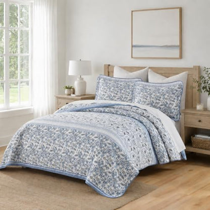 Queen Size Quilt Set - Blue and White Quilt - 100% Cotton Floral Bedspread